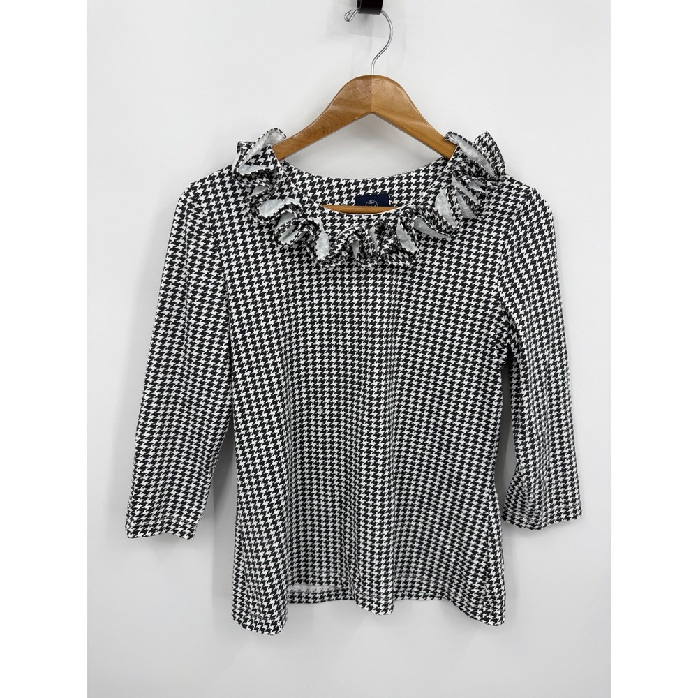 Sailor-Sailor Houndstooth Ruffle Neck‎ Top Womens Size M Black White 3/4 Sleeve
